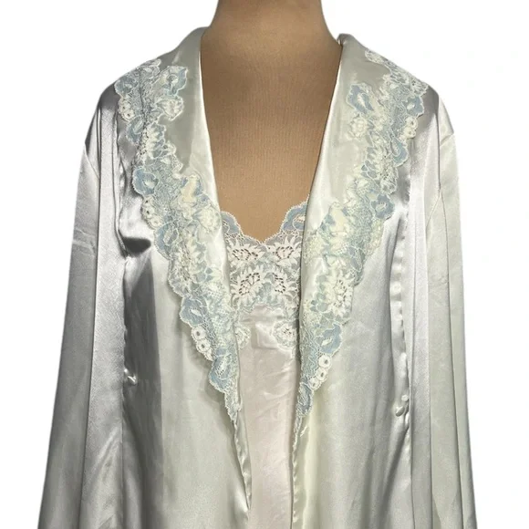 90’s Victoria’s Secret Silky Slip Dress Chemise Robe Set Bridal Set ivory blue L - Picture 6 of 11